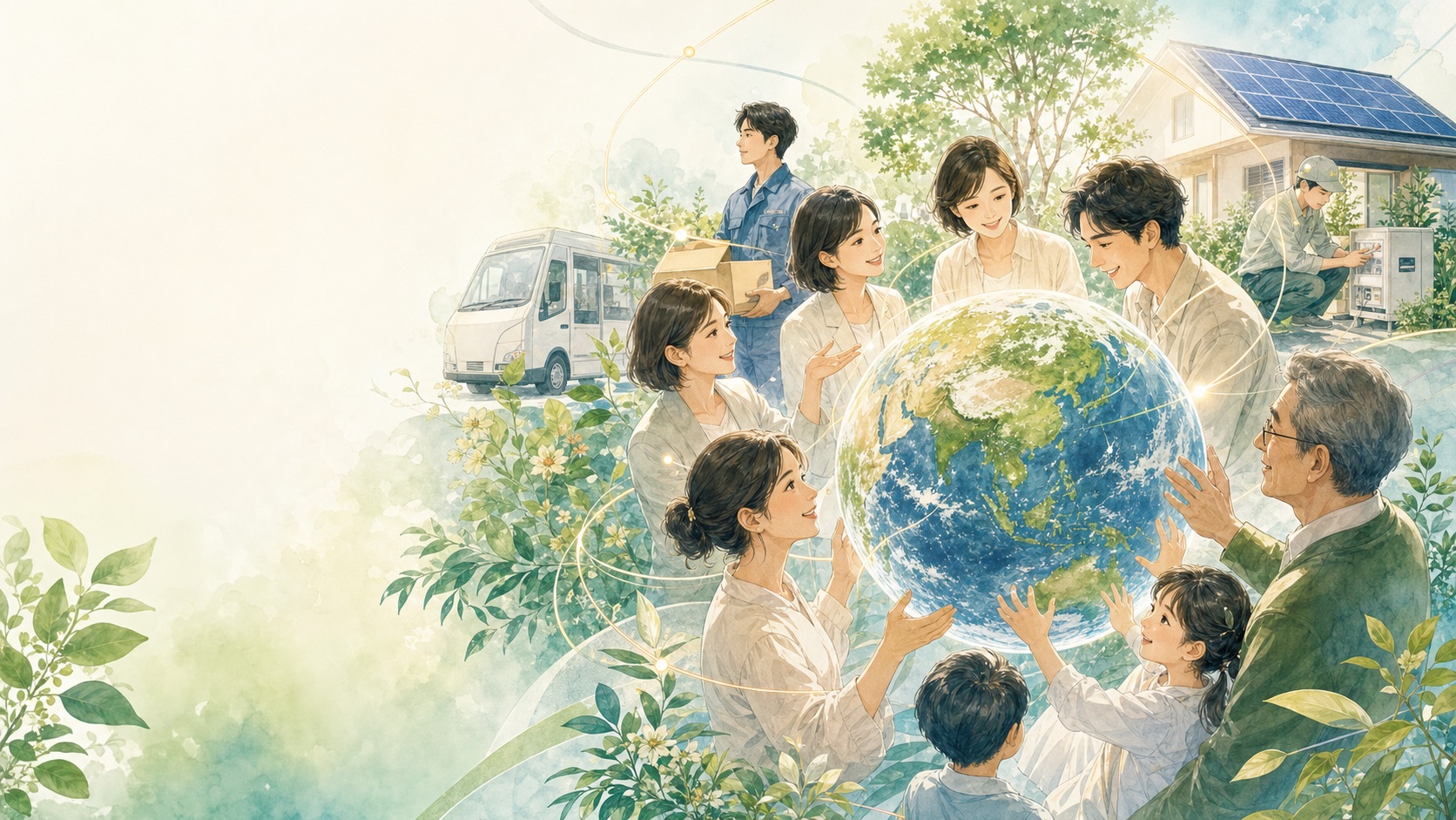 地球を中心に人と暮らしと仕事がつながるイラスト